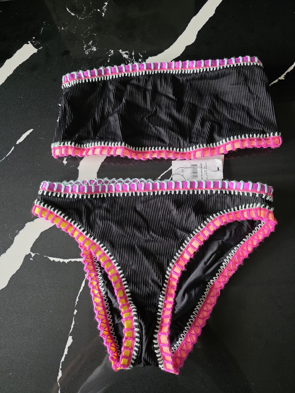 Black Bandeau Bikini Set with Pink Trim